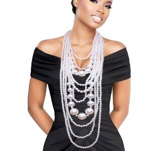 Chunky White Pearl Long 10 Multi Strand Layered Necklace Set